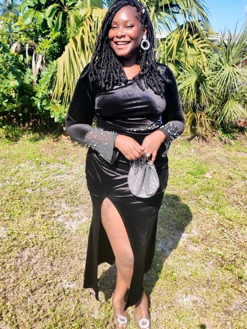 SHEIN Black Velvet High-Low Dress with Rhinestone Cuffs